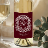 Elegant Burgundy Monogram Crest Vintage Wedding ワインラベル