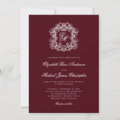 Elegant Burgundy Monogram Crest Wedding 招待状 (正面)
