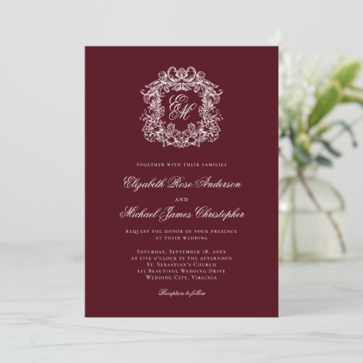 Elegant Burgundy Monogram Crest Wedding 招待状 (スタンド正面)