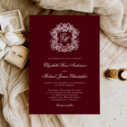 Elegant Burgundy Monogram Crest Wedding 招待状