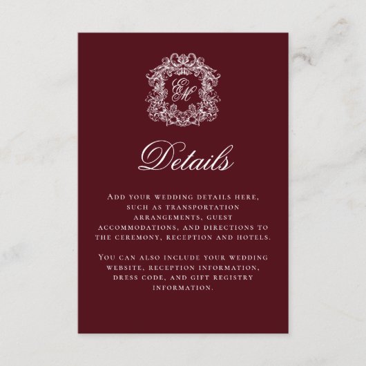 Elegant Burgundy Monogram Crest Wedding Details エンクロージャーカード (正面)