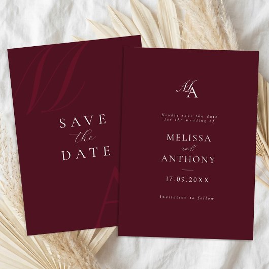 Elegant Burgundy Monogram Modern Wedding セーブザデート