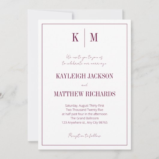 Elegant Burgundy Monogram Wedding  招待状 (正面)