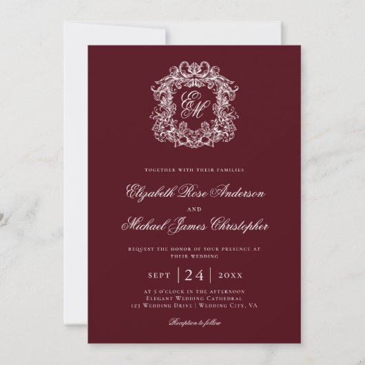 Elegant Burgundy Monogram Wedding Crest 招待状 (正面)