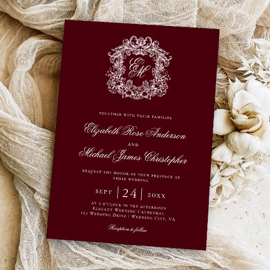 Elegant Burgundy Monogram Wedding Crest 招待状