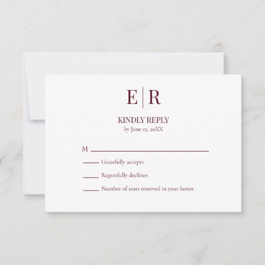 Elegant Burgundy Monogram Wedding RSVP Card (正面)