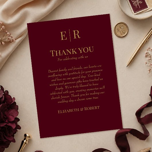 Elegant Burgundy Monogram Wedding Thank You Card サンキューカード