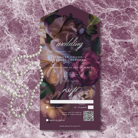 Elegant Burgundy Moody Floral Wedding QR Code オールインワン招待状