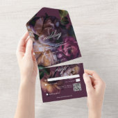 Elegant Burgundy Moody Floral Wedding QR Code オールインワン招待状 (貼ってはがせる)