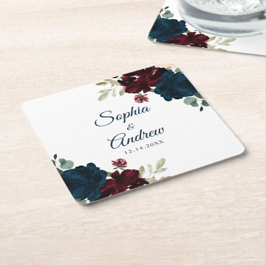 Elegant Burgundy & Navy Rustic Wood Wedding スクエアペーパーコースター (アングル)
