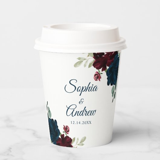 Elegant Burgundy & Navy Rustic Wood Wedding 紙コップ (裏面)