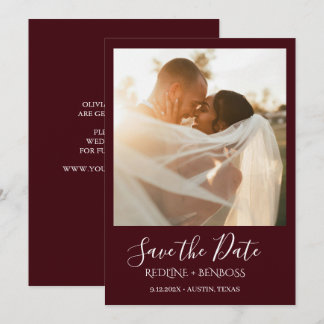 Elegant Burgundy One Photo Wedding セーブザデート