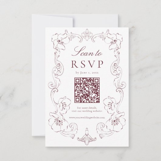 Elegant Burgundy Ornate Floral QR Code Wedding 出欠カード (正面)