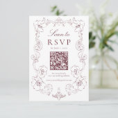 Elegant Burgundy Ornate Floral QR Code Wedding 出欠カード (スタンド正面)