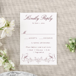 Elegant Burgundy Ornate Floral Wedding 出欠カード