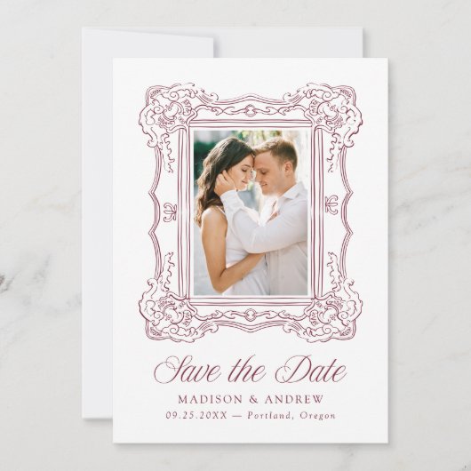 Elegant Burgundy Ornate Frame QR Code Wedding セーブザデート (正面)