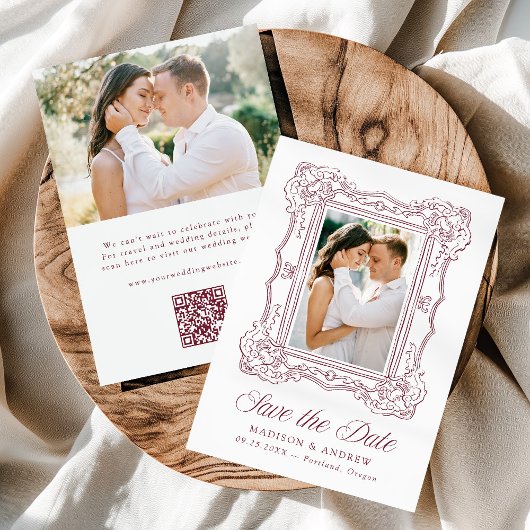 Elegant Burgundy Ornate Frame QR Code Wedding セーブザデート