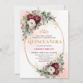 Elegant Burgundy Peonies Gold 15th Birthday Invite 招待状 (正面)