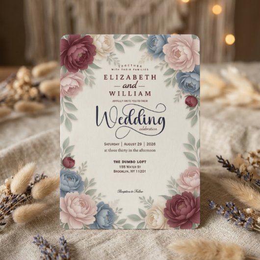 Elegant Burgundy Peonies Roses QR Code Wedding 招待状