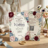 Elegant Burgundy Peonies Roses QR Code Wedding 招待状