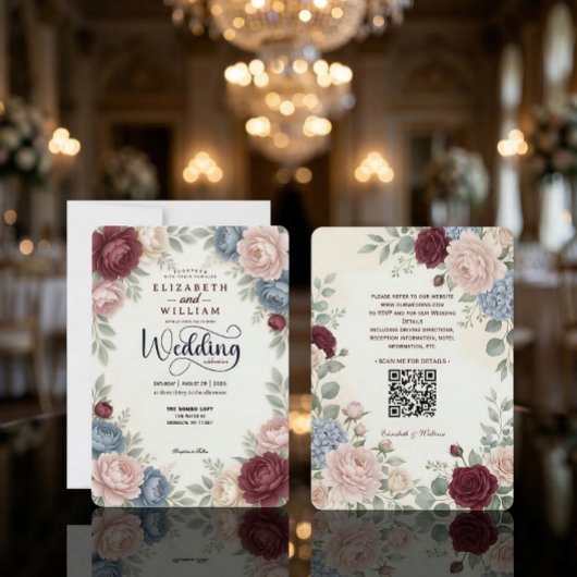 Elegant Burgundy Peonies Roses  QR Code Wedding 招待状