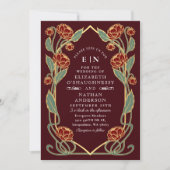 Elegant Burgundy Peony Art Nouveau Floral Wedding 招待状 (正面)