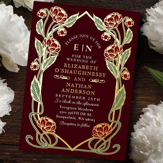 Elegant Burgundy Peony Art Nouveau Floral Wedding 箔招待状