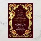 Elegant Burgundy Peony Art Nouveau Floral Wedding 箔招待状 (正面)