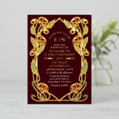 Elegant Burgundy Peony Art Nouveau Floral Wedding 箔招待状 (立ち正面)