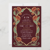 Elegant Burgundy Peony Art Nouveau QR Code Wedding 招待状 (正面)
