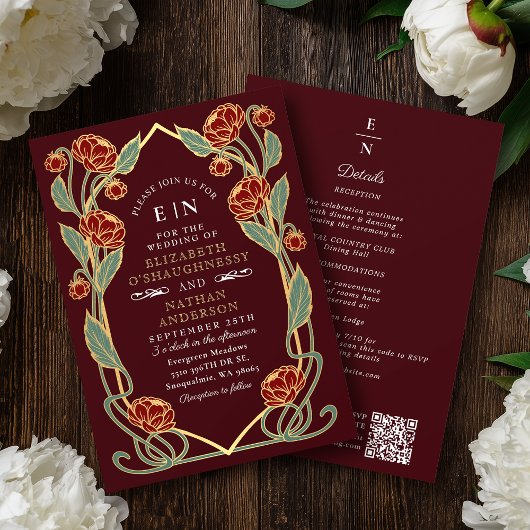 Elegant Burgundy Peony Art Nouveau QR Code Wedding 招待状