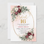 Elegant Burgundy Peony Gold Sweet Sixteen Invite 招待状 (正面)