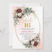Elegant Burgundy Peony Gold Sweet Sixteen Invite 招待状 (正面)