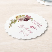 Elegant Burgundy Pink Floral 40th Birthday ペーパーコースター (アングル)