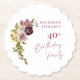 Elegant Burgundy Pink Floral 40th Birthday ペーパーコースター