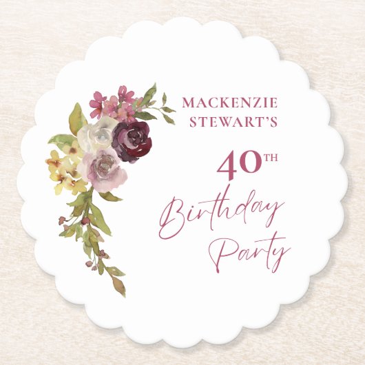Elegant Burgundy Pink Floral 40th Birthday ペーパーコースター (正面)