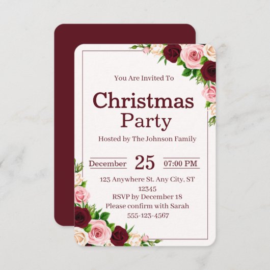 Elegant Burgundy Pink Floral Christmas Party 招待状 (正面/裏面)
