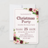 Elegant Burgundy Pink Floral Christmas Party 招待状 (正面)