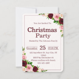 Elegant Burgundy Pink Floral Christmas Party 招待状
