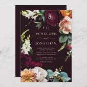 Elegant Burgundy Pink Floral Gold Script Wedding  招待状 (正面/裏面)