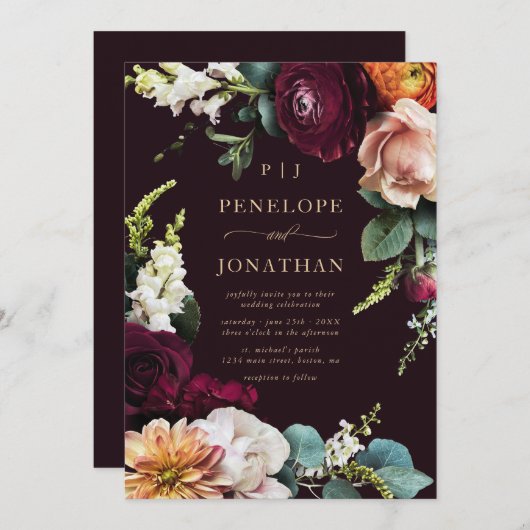 Elegant Burgundy Pink Floral Gold Script Wedding  招待状 (正面/裏面)