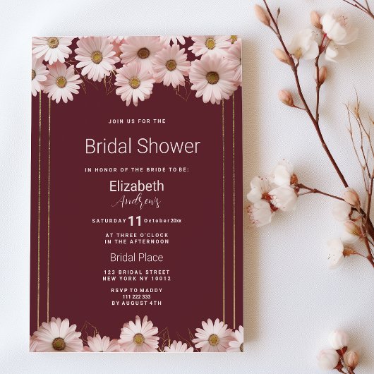 Elegant burgundy pink gold daisy Bridal Shower  招待状