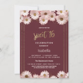 Elegant burgundy pink gold daisy flowers Sweet 16 招待状 (正面)