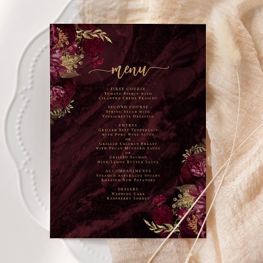 Elegant Burgundy Red Gold Floral Wedding メニュー