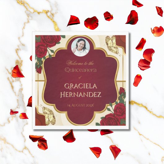 Elegant Burgundy Red & Gold Rose Quinceañera  スタンダードランチョンナプキン