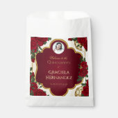 Elegant Burgundy Red & Gold Rose Quinceañera フェイバーバッグ (正面)