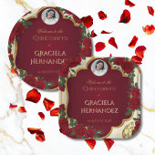 Elegant Burgundy Red & Gold Rose Quinceañera  ペーパープレート