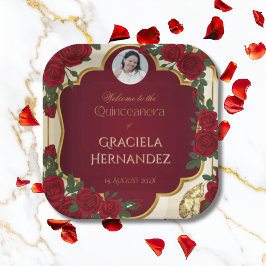 Elegant Burgundy Red & Gold Rose Quinceañera  ペーパープレート