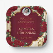 Elegant Burgundy Red & Gold Rose Quinceañera  ペーパープレート (正面)