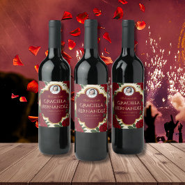 Elegant Burgundy Red & Gold Rose Quinceañera  ワインラベル